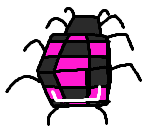 A square bug with a pink and black checkerboarded cube for a head.